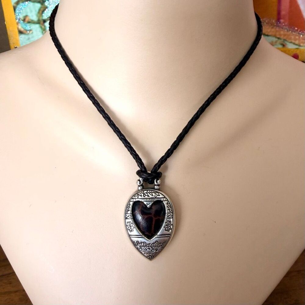 Brighton Dark Brown Leather Heart Pendant Necklace Silver Plated